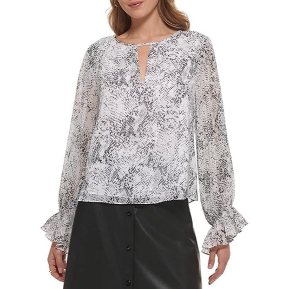 DKNY Blouse Top Snake Print Long Sleeves V Neck Fuffle Cuff Ivory Multi Size XL